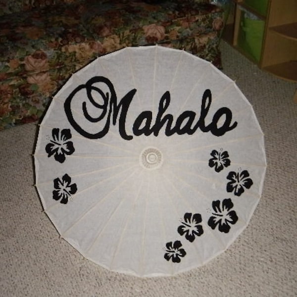 Mahalo or Gracias handpainted parasol for wedding pictures with hibiscus flowers