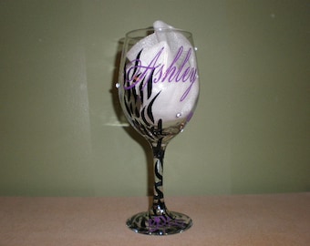 Zebra print and polka dot wine glass with name