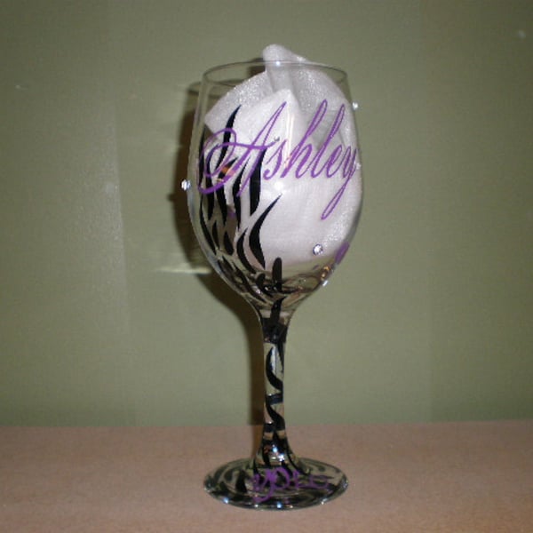 Zebra print and polka dot wine glass with name