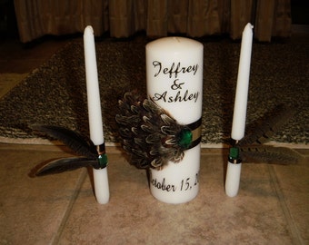 Pheasant or Peacock Feather with Gems Personalized Unity Candle set