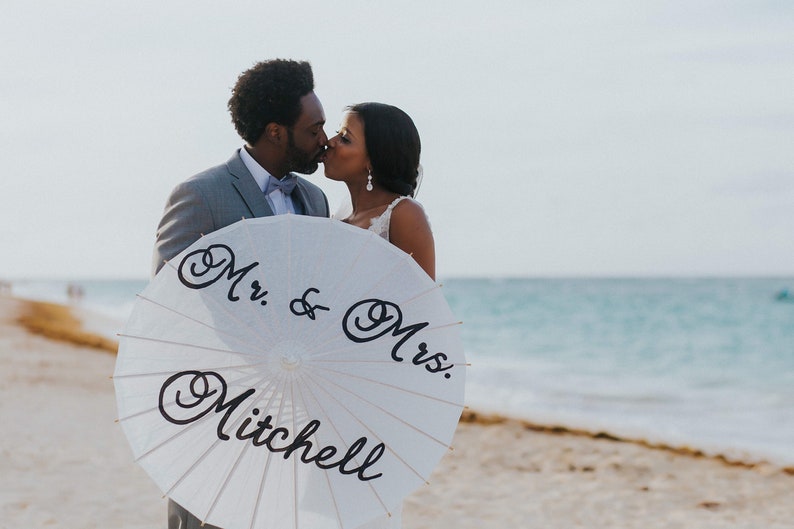 Mr and Mrs Name and date hand painted parasol for wedding image 8