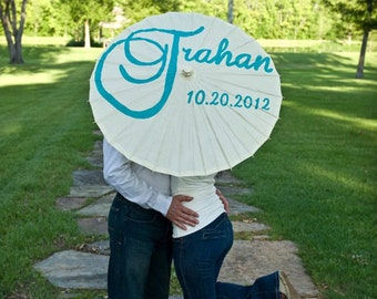 Last name and wedding date parasol for wedding pictures