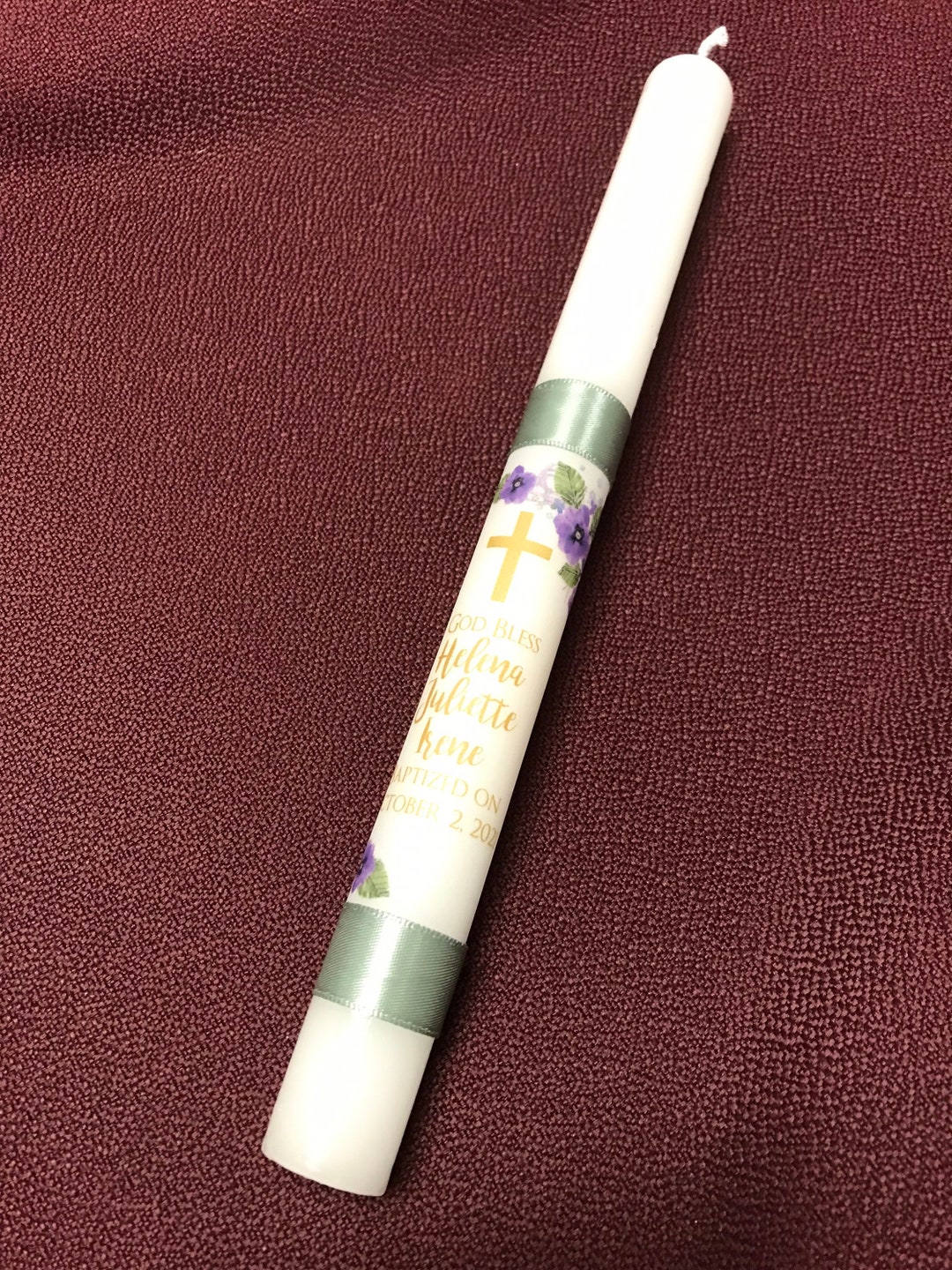 Baptism Taper Candle With Purple Flowers Etsy