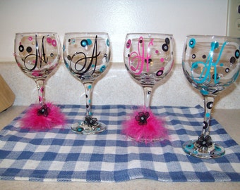 Polka dot with gems personalized wine glasses feather embellished stem