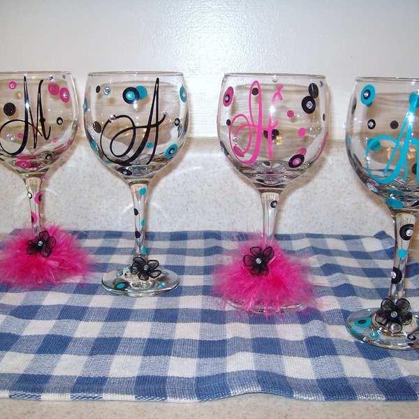 Polka dot with gems personalized wine glasses feather embellished stem