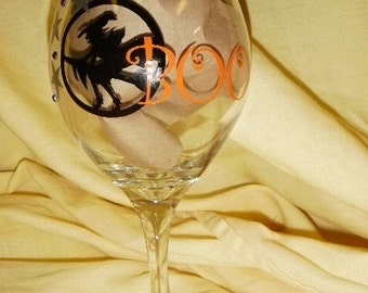 Halloween Wine Glass Boo Witch with gems