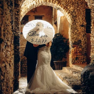 Mr and Mrs Name and date hand painted parasol for wedding image 5