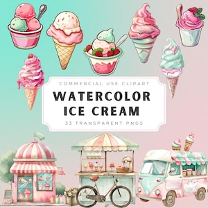 Zestaw akwarelowych clipartów lodów PNG, pastelowa miska w wafelku do lodów, clipart samochodu z lodami, słodka letnia sztuka deserowa, licencja komercyjna