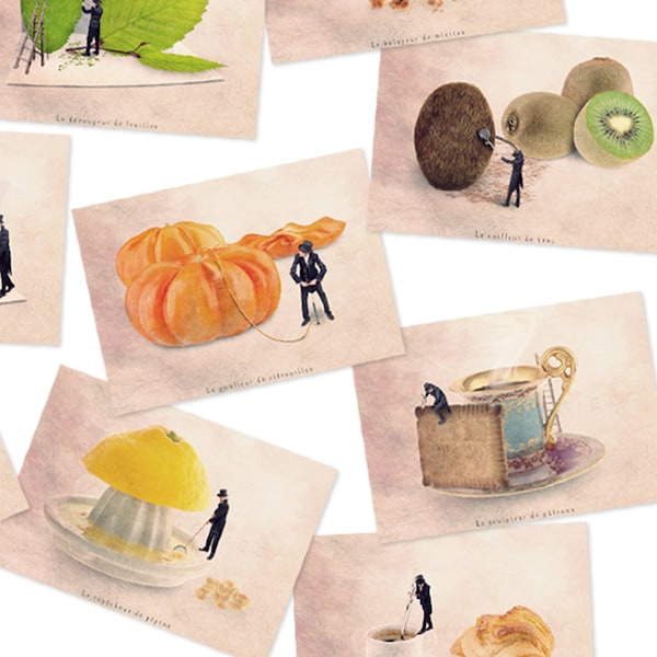 Cartes postales fruits et légumes, lot de cartes postales amusantes à envoyer ou encadrer, décor de cuisine, déco colorée