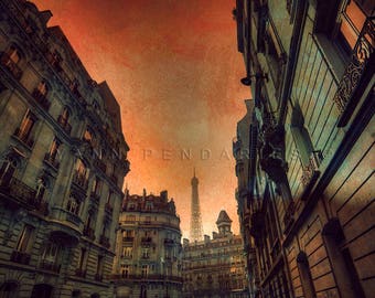 Paris street, Paris Eiffel Tower, view of Eiffel Tower, orange decor, Paris Print, Paris Decor, Paris Art, Eiffel tower print,parisian decor