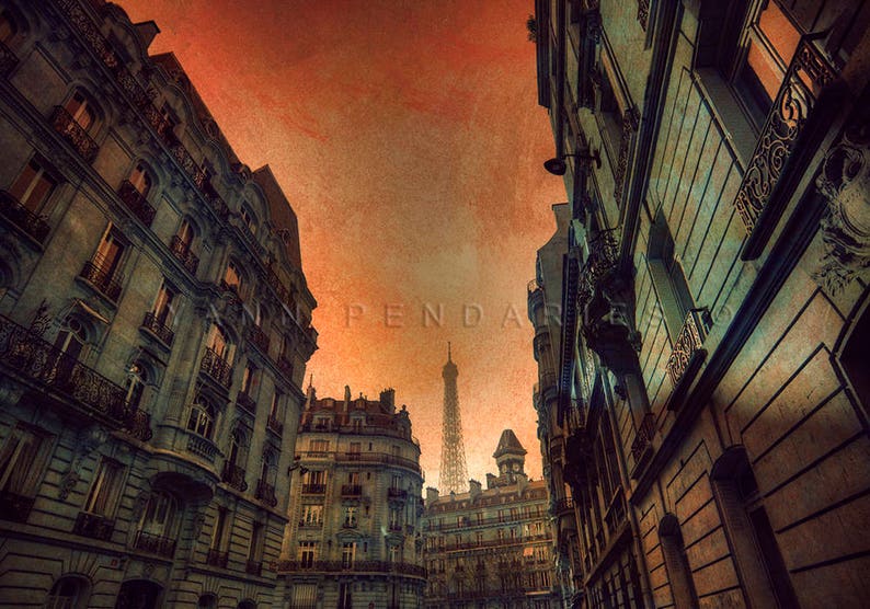 Paris street, Paris Eiffel Tower, view of Eiffel Tower, orange decor, Paris Print, Paris Decor, Paris Art, Eiffel tower print,parisian decor image 1