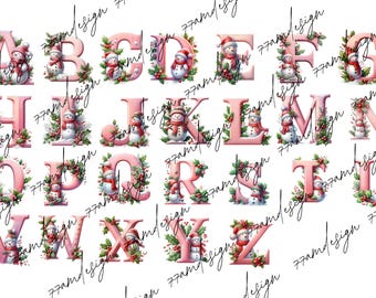 Christmas Alphabet Png Bundle, A-Z Letters Png for Cricut, Girly Pink Christmas Snowman Personalize Christmas Gifts Idea, Family Name