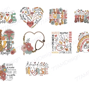 Peut inclure: Plusieurs motifs colorés sur le thème des soins infirmiers. Les motifs comprennent les mots "Love", "Nurse" et "Blessed Nurse", ainsi que des symboles médicaux, des fleurs et un stéthoscope. La palette de couleurs comprend l'orange, le rose et le sarcelle.