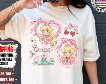Comfort Color® Coquette Bow Princess Peach Shirt, Mario Womens Shirt, Coquette Strawberries Girls Trip Shirt, Mario Coquette Shirt