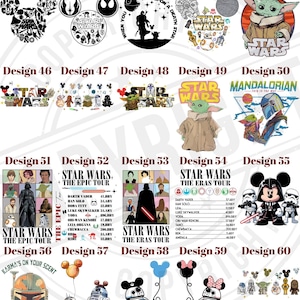 Op de afbeelding: Collectie Star Wars- en Disney-thema ontwerpen. Bevat afbeeldingen van Darth Vader, Yoda, Baby Yoda, BB-8 en Mickey Mouse. Tekst bevat "Star Wars", "The Epic Tour" en "The Eras Tour."