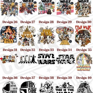 Op de afbeelding: Een verzameling Star Wars-thema grafische ontwerpen. De ontwerpen tonen verschillende personages en logo's uit de Star Wars-franchise, waaronder Darth Vader, Boba Fett en de tekst "This is the Way."