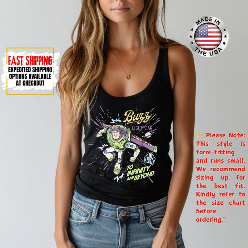 May include: Black vest top with a Buzz Lightyear graphic, including the text "Buzz Lightyear" and "To Infinity and Beyond." The design features green, white, and purple colours. Made in the USA.