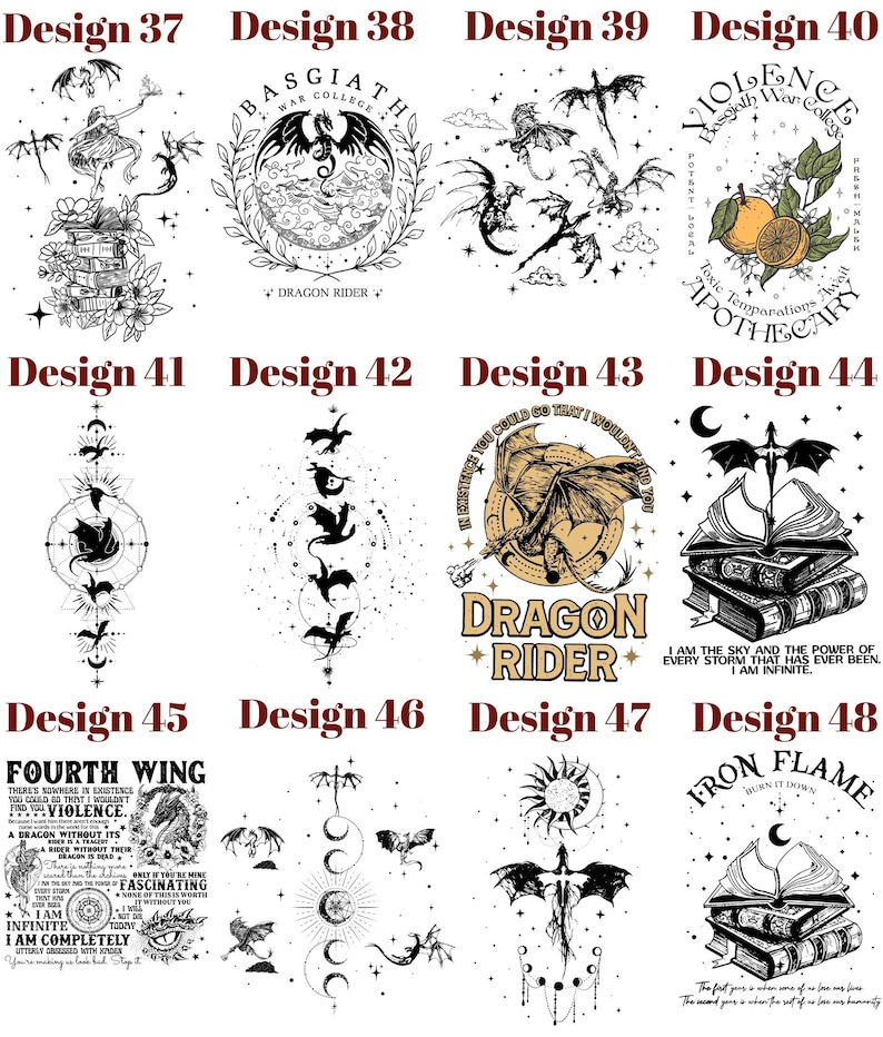 Op de afbeelding: Een verzameling zwart-witte grafische ontwerpen met draken, hemellichamen en tekst. Ontwerpen omvatten illustraties van draken, boeken en zinnen als "Dragon Rider" en "Fourth Wing". De ontwerpen zijn genummerd van 37 tot 48.