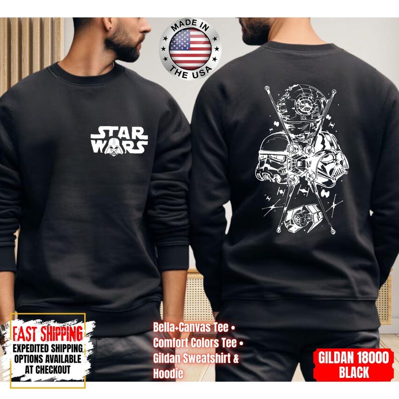 Op de afbeelding: Zwart Star Wars sweatshirt met witte afbeeldingen. De voorkant heeft het Star Wars logo. De achterkant heeft een gedetailleerde illustratie van Star Wars personages en elementen. Gemaakt in de VS.