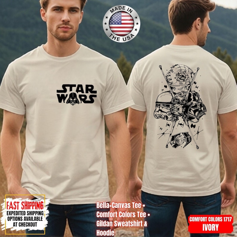 Op de afbeelding: Ivoor t-shirt met het Star Wars logo in zwart op de voorkant. De achterkant heeft een zwarte afbeelding van Star Wars-personages en -voertuigen. Gemaakt in de VS.