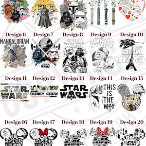 Op de afbeelding: Een verzameling van 20 Star Wars-ontwerpen. Ontwerpen omvatten personages als Darth Vader, Stormtroopers en de Mandalorian, samen met het Star Wars-logo. Sommige ontwerpen bevatten bloemelementen en Mickey Mouse oren.