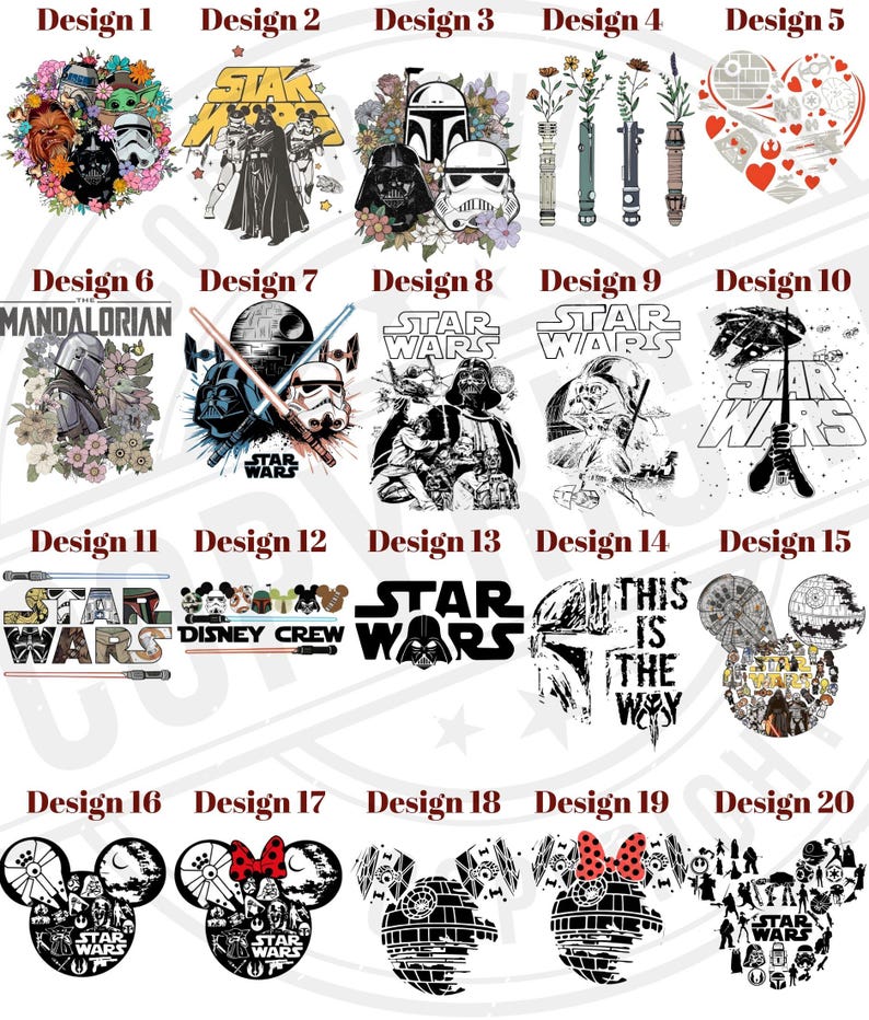 Op de afbeelding: Een verzameling van 20 Star Wars-ontwerpen. Ontwerpen omvatten personages als Darth Vader, Stormtroopers en de Mandalorian, samen met het Star Wars-logo. Sommige ontwerpen bevatten bloemelementen en Mickey Mouse oren.