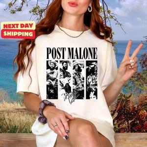 May include: A cream-colored short-sleeve t-shirt featuring the text POST MALONE in black capital letters above four vertical black and white photographic panels depicting the artist in various poses, with a signature graphic below the images.