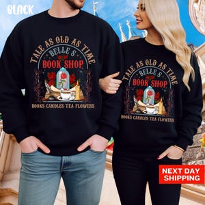 Vintage Retro Belle&#39;s Book shop sweatshirt, Tale as old as time Beauty and The Beast Disney Magic Kingdom Disneyland sweatshirt