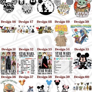 Op de afbeelding: Collectie Star Wars- en Disney-thema ontwerpen. Bevat afbeeldingen van Darth Vader, Yoda, Baby Yoda, BB-8 en Mickey Mouse. Tekst bevat "Star Wars", "The Epic Tour" en "The Eras Tour."