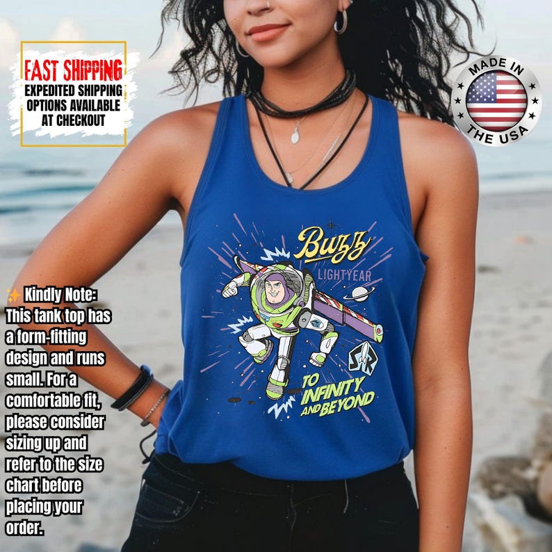 May include: A blue vest top with a graphic of Buzz Lightyear. The design includes the text "Buzz Lightyear" and "To Infinity and Beyond." The cartoon image of Buzz Lightyear is in his space suit. Made in the USA.