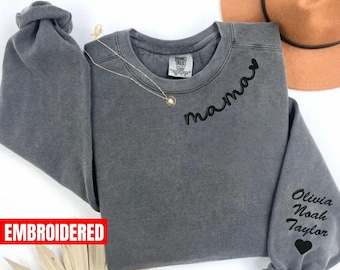 Comfort Colors Custom Mama Embroidered Sweatshirt With Kids Names On Sleeve, Personalized Mom Embroidery, Birthday Mommy Outfits, Pregnancy