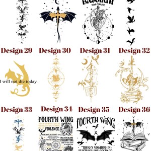 May include: A collection of 12 designs featuring dragon and fantasy-themed illustrations. Designs include dragons, moons, swords, and text such as "Fourth Wing" and "I will not die today." The color palette includes black, gold, and white.