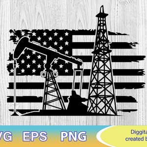 May include: Black and white silhouette of two oil derricks in front of a distressed American flag.