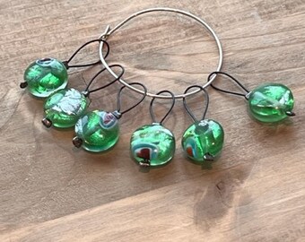 Knitting Stitch Markers, Flexible Stitch Markers, Green Millefiori Snag Free Markers