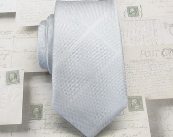 Silver Gray Mens Ties. Narrow Ties. Gray Plaid Mens Necktie with Matching Pocket Square Option. Wedding Ties.