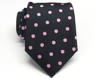 Mens Tie. Black Pink Polka Dot Mens Necktie