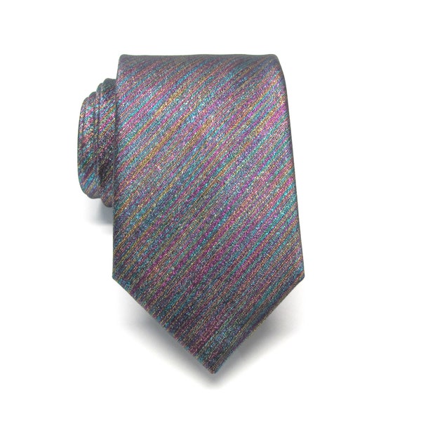 Mens Ties. Necktie Lamé Rainbow Purple Teal Gold Metallic Tie with Matching Pocket Square Set