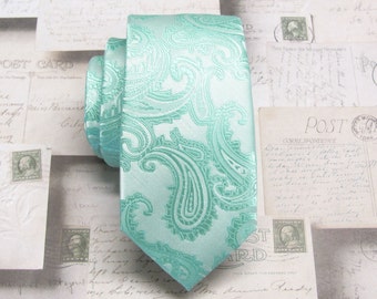CLEARANCE SALE Mens Tie Pastel Mint Pale Green Paisley Mens Silk Skinny Necktie