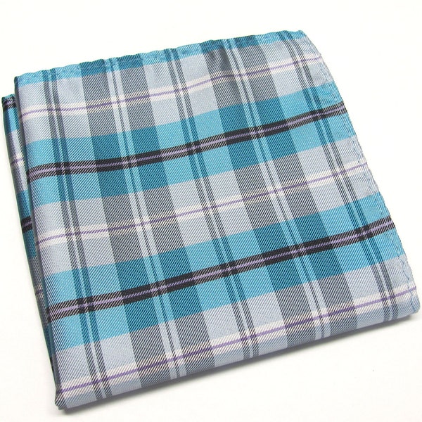 Pocket Square Teal Bue Turquoise Gray Lavender Purple Plaid Hanky