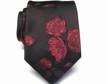 Mens Tie Black Red Floral Silk Necktie With Matching Pocket Square Option