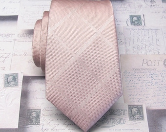 Dusty Rose Pink Plaid Slim Modern Fit Necktie with Matching Pocket Square Option. Wedding Ties.