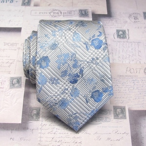 Mens Tie Gray Blue Floral Necktie with Matching Pocket Square Option