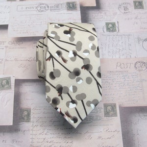 Cotton Mens Tie. Champagne Cream Brown Birds and the Trees Skinny Tie With Matching Pocket Square Option