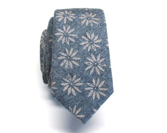 Cotton Mens Tie. Cotton Blue Gray Floral Skinny Tie With Matching Pocket Square Option