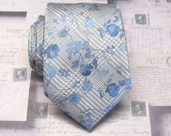 Mens Tie Gray Blue Floral Necktie with Matching Pocket Square Option