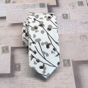 Cotton Mens Tie. Ivory Birds and the Trees Skinny Tie With Matching Pocket Square Option