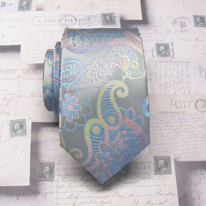 Herren Krawatte Grau Silber Rosa Floral Paisley Herren Krawatte