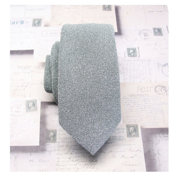 Mens Ties. Glitter Necktie Metallic Bling Silver Lamé Narrow Tie with Matching Pocket Square Set