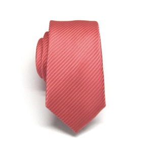 Coral Tie Mens Tie Coral Pink Stripes Skinny Necktie With Matching Pocket Squrae