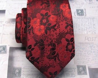 Necktie Red Black Floral Tie With Matching Pocket Square Option